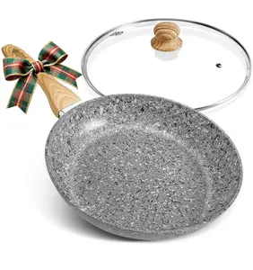 KOCH SYSTEME CS Nonstick Frying Pan with Lid, 12 Inch Granite Frying Pan with Non-toxic Nonstick Coating, Aluminum Skillet with Heat-resistant Bakelite Handle, Induction Compatible, Oven Safe, Gray/ Red