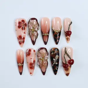 Fall Press On Nails with 3D Floral and Cherry Accents, Long Almond Tortoise Shell Nails in Neutral and Brown Tones for Autumn Look