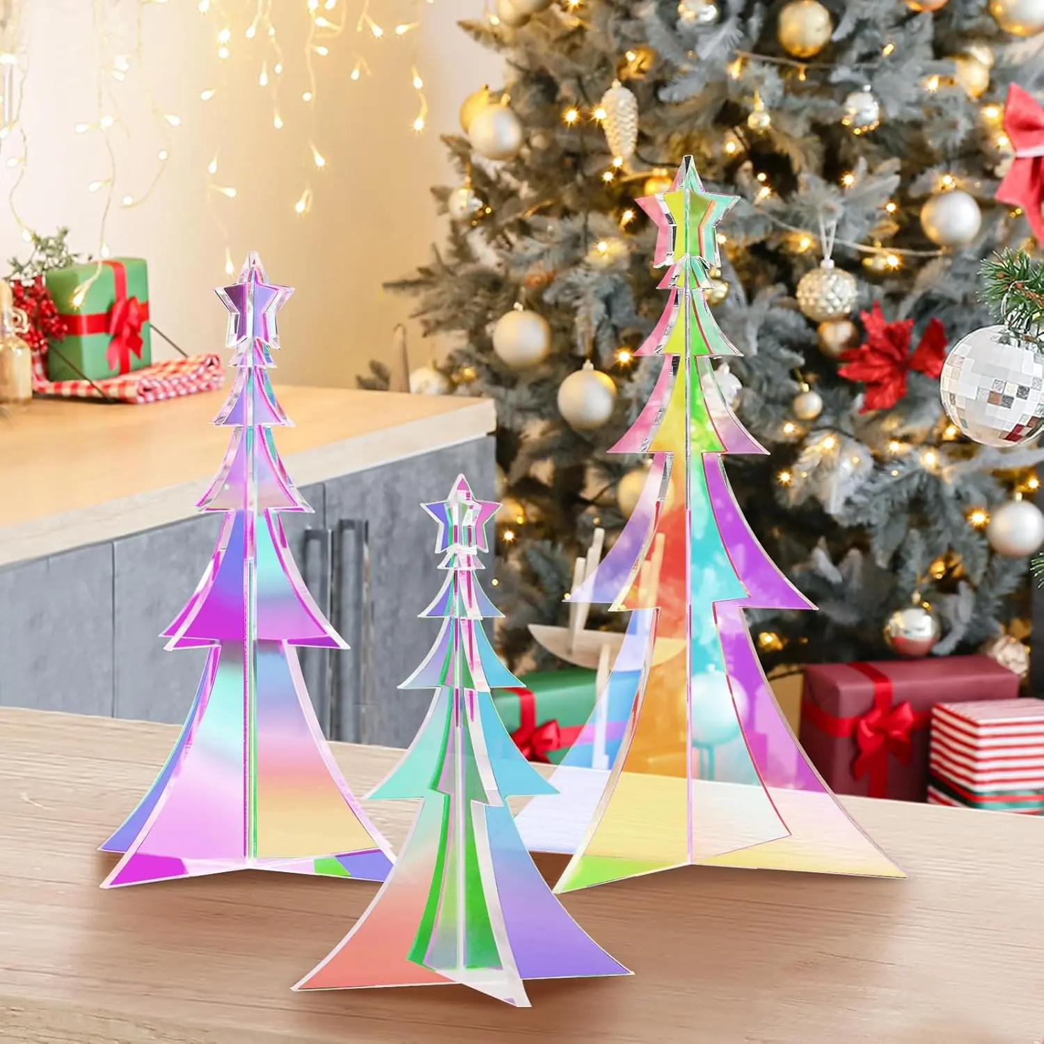 3pcs Acrylic Christmas Tree Tabletop Decoration Iridescent Small Holographic Centerpieces for Christmas Table Tiered Tray Home Office Decor