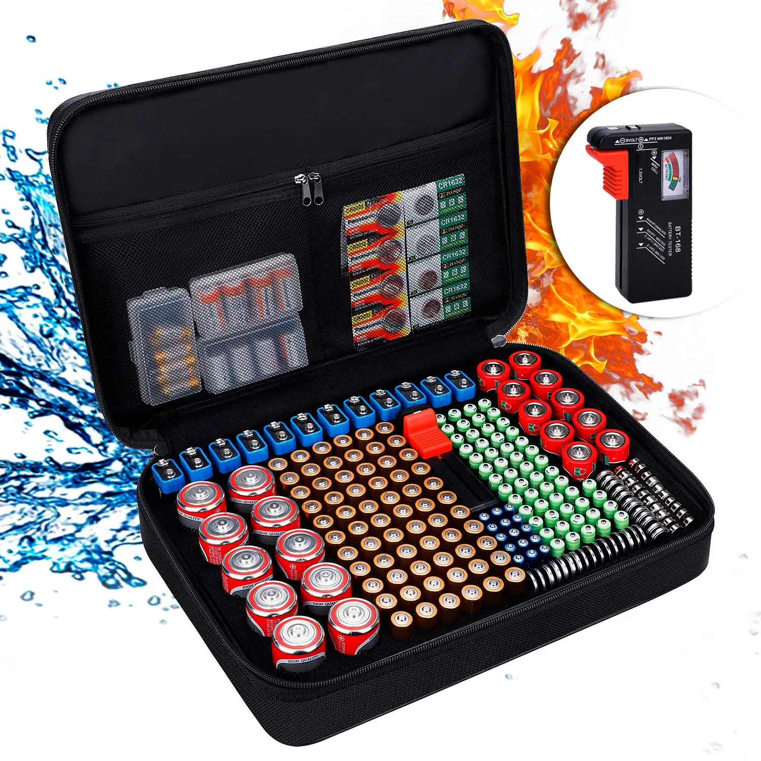 Organizer, Fireproof  Organizer Storage Case with Tester (BT168),Water-Resistant Explosionproof  Holder Box with Cover and Zipper, Holds 220+  AAA C D 9V