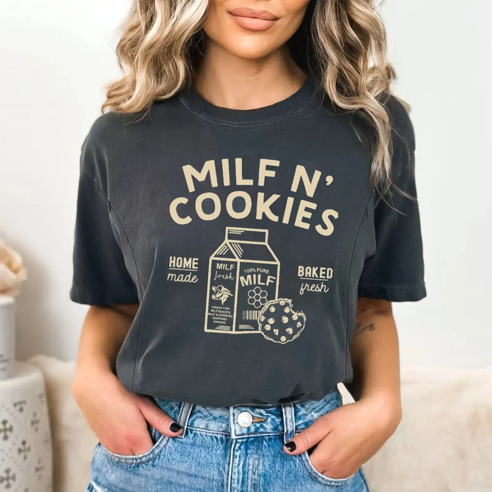 Giftifymama Women's Funny Milf N' Cookies Short-Sleeve Round Neck Loose Print T-Shirt - Soft Cotton Stretchy Nursing Top, Zippered Breastfeeding & Pumping Access, All-Seasons Casual Maternity Wear (Do Not Bleach, TikTokShopHolidayHaul), Shortsleeve, Fabri
