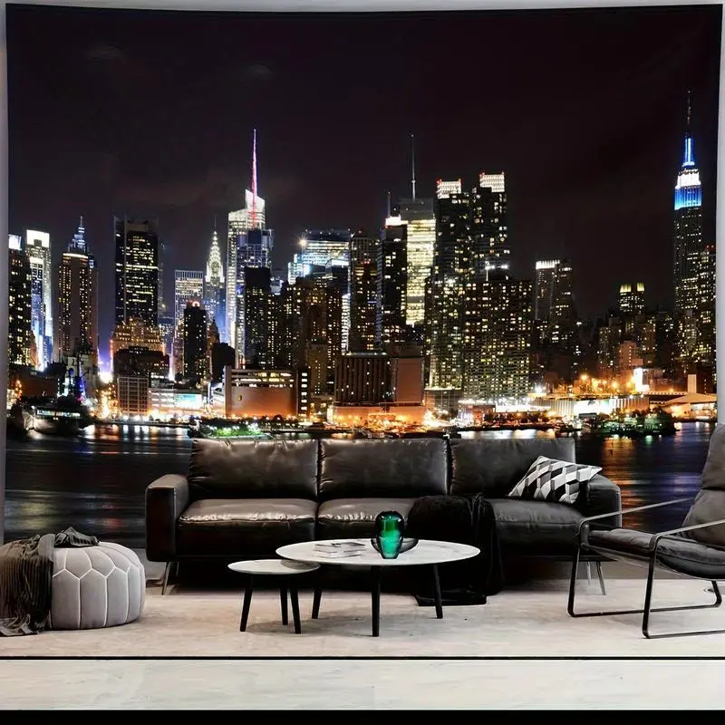 Modern Night Cityscape Tapestry Wall Hanging - 100% Polyester, Size-Inclusive, Fade-Resistant, Lightweight, Machine Washable, Hand-Sewn Horizontal Skyscraper & Water Reflection Design for Living Room, Dorm Decor