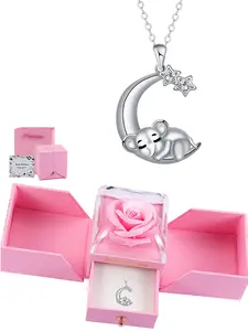 Adorable Elephant Pendant Necklace Moon Star Charm Elegant Women Jewelry with Eternal Flower Rose Box Necklace for Daughter Ideal Gift for Wife Girlfriend Friend Birthday Festival Anniversary Exquisite Jewelry Gift