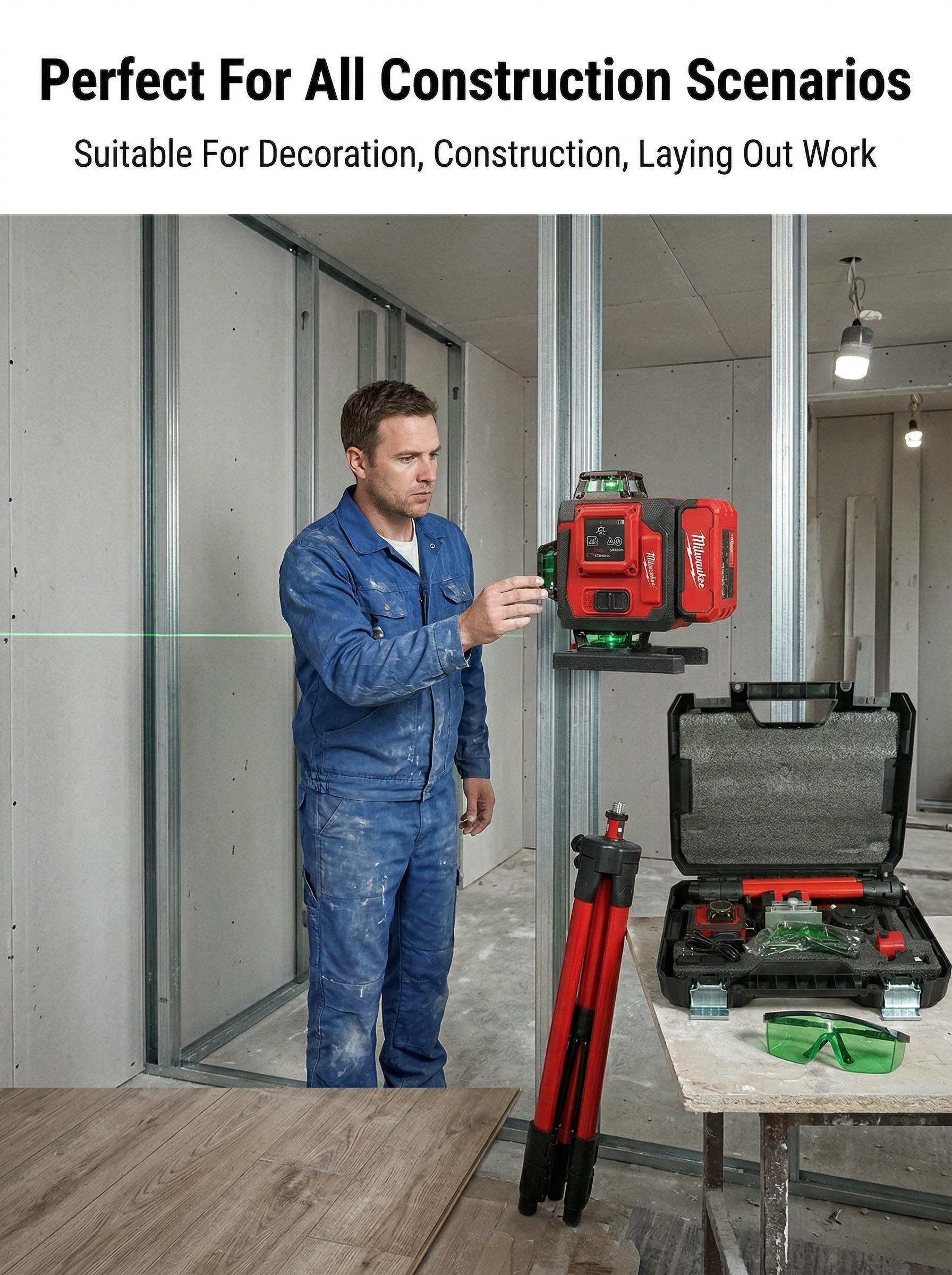 Milwaukee 16 Line Laser Level Kit For Construction Layout And Interior Installation Measuring Tool ±0.3mm Accuracy Dual Power Long Runtime Line Laser Level with Tripod