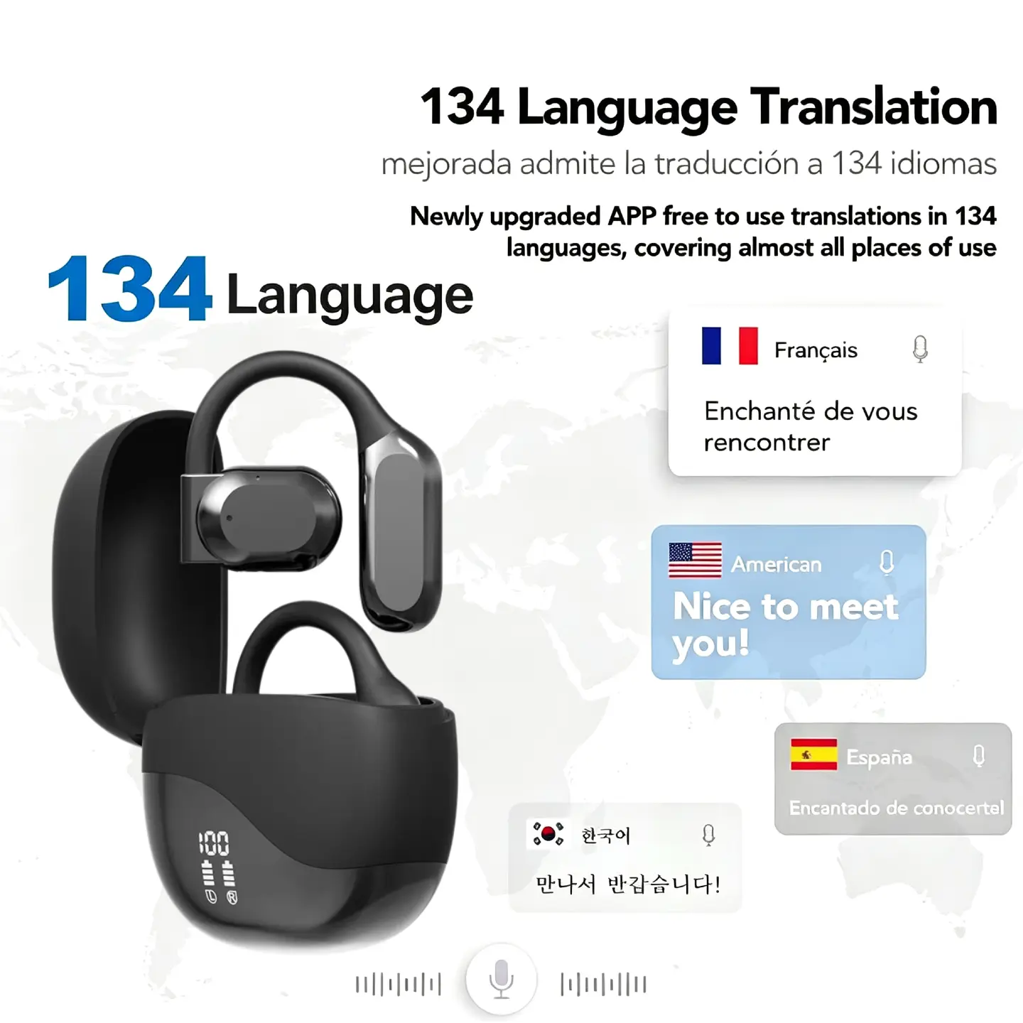Open Ear Hanging Bluetooth Headset, Wireless Open Ear Earbuds, Supports 144 Languages Real-Time Voice Translation, Bone Air Conduction Style Headphones for Business Travel, Meetings & Daily Social Communication