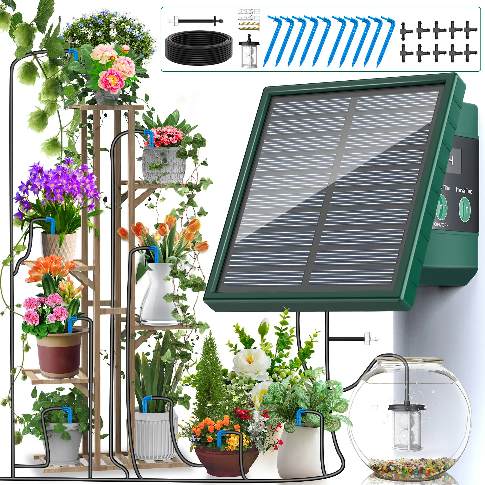 Solar Drip Irrigation System, Automatic Watering System, Automatic Garden Irrigation, Water 10 Pots Simultaneously, DIY Interval, Suitable for Gardens, Greenhouses, Courtyards, Lawns