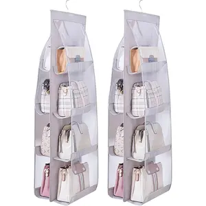 2 Packs Hanging Handbag Organizer for Closet, Purse Storage Holder with 8 Easy Access Clear PVC Pockets, Purse Hanger for Wardrobe Space Saving Organizer (2 Gray)