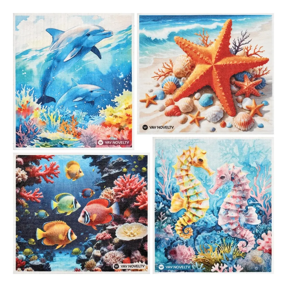 212 MAIN Eco-Friendly Reusable Cleaning Cloth 12-Pack - Swedish Long-Lasting Multi-Purpose Washable Reusable Towels, Sea Creature Print 3718 Model Kitchen Cloth, Multi-Purpose Cleaning Cloths