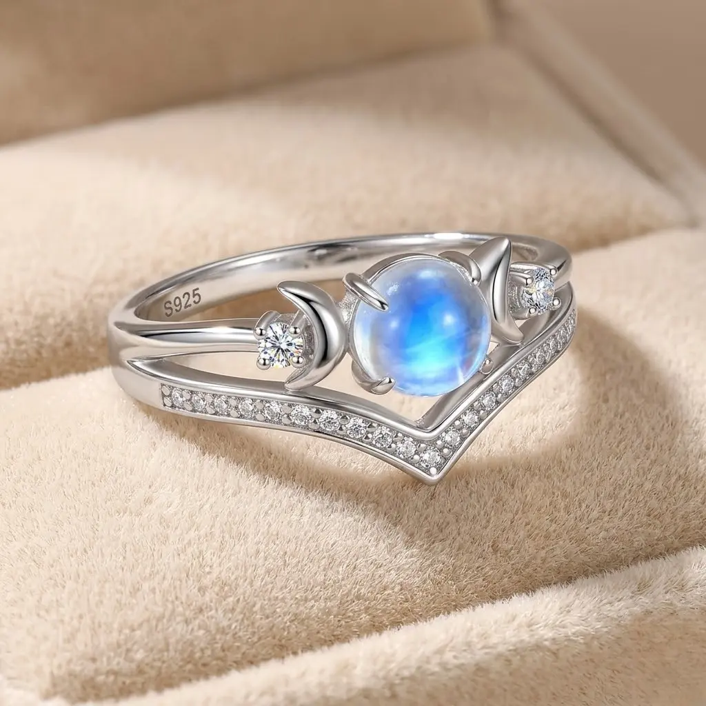 Women's S925 Lead-Free Metal Triple Moon Goddess Moonstone Rings - Copper Plating, Gemstone Center, Wiccan Witchcraft Jewelry, Emotion-Calming Healing Accessory, Everyday Wear Female Rings, Meaningful Gift, Healing Gift