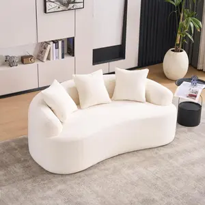 Curved Loveseat White Full Compression Sponge Sofa, 30D Chenille No-Assembly Compact Sofa for Small Spaces & Apartments, 65"L, 300 lbs, 3 Pillows    RR
