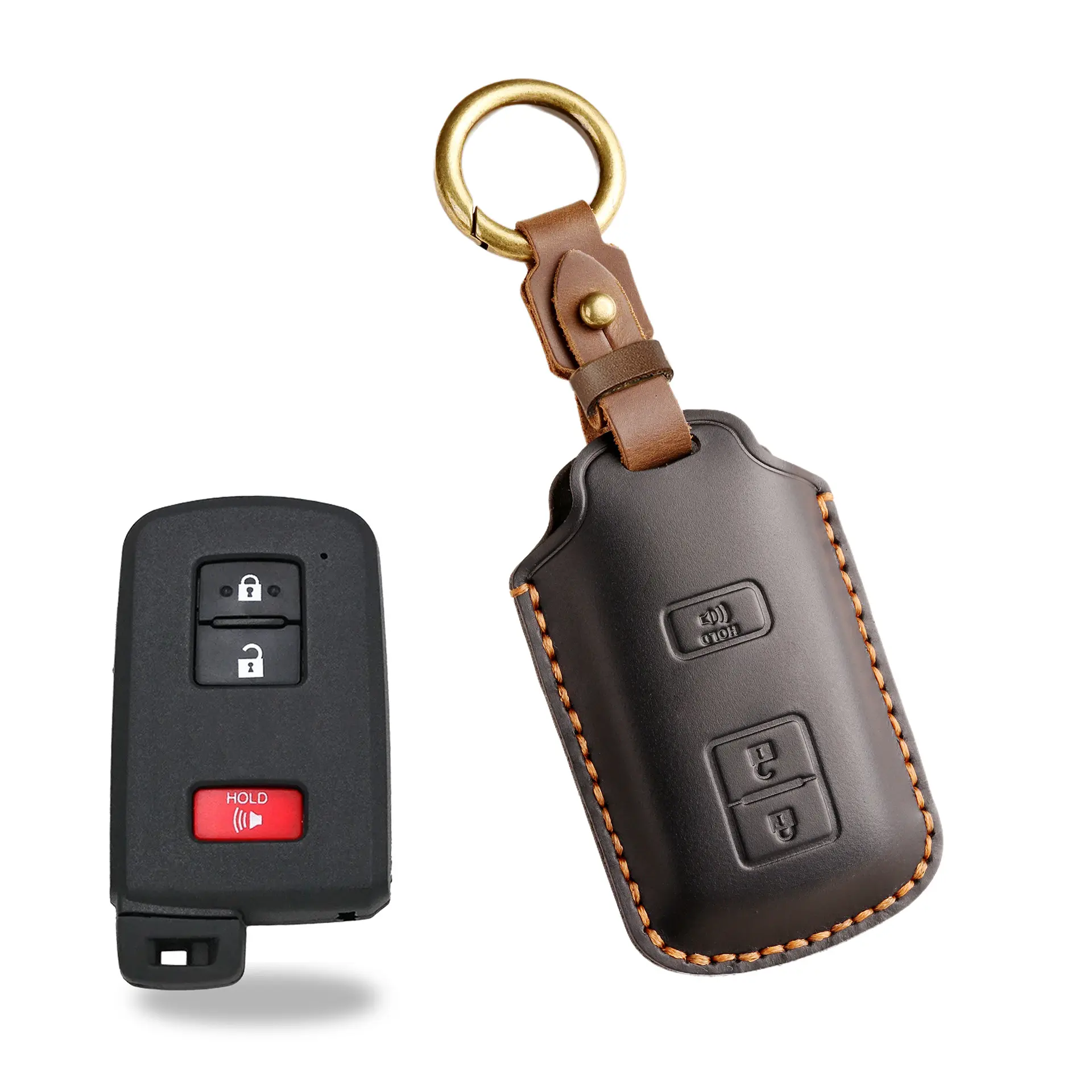 Cowhide Hand-sewn Leather Smart Car Key Cover Case Fob Holder, Car Key Protector for Toyota 4 Runner, Tundra, Tacoma, Stylish Protection, Includes Chain Car Key Accessory