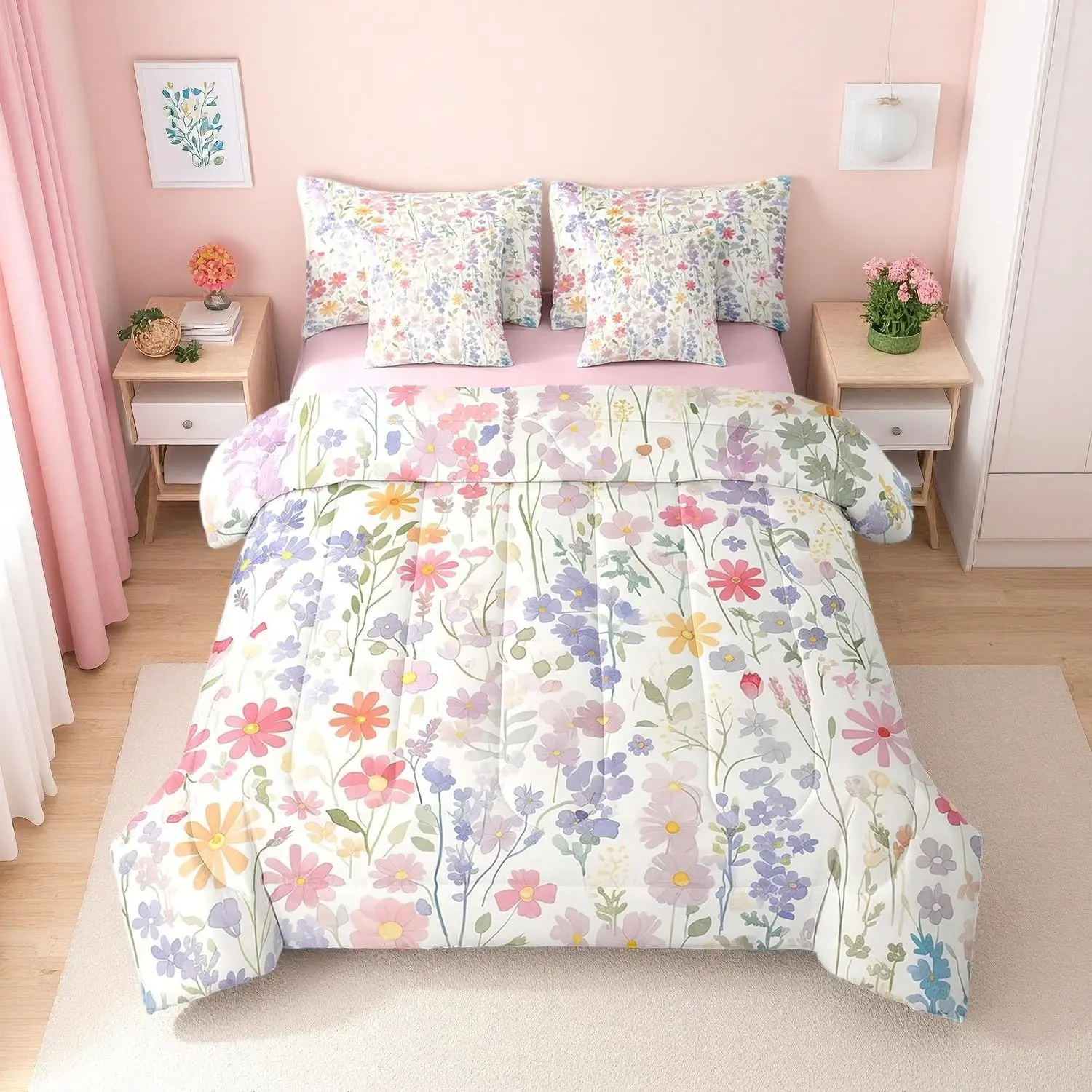 7 Piece Colorful Floral Comforter Set,Purple Pink Cute Boho Flower Bedding Set for Girls Women,Funky Watercolor Wildflower Bed in a Bag
