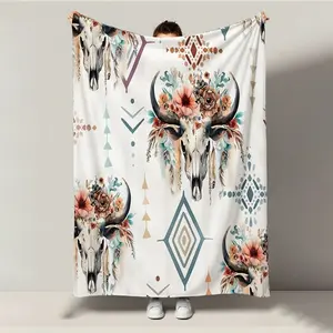 Luxury Flannel Blanket With Southwestern Bull Skull & Floral Design - Ultra-Soft Plush All-Season Warmth In Beige, Brown, Teal Blue & White - Contemporary Western Bedspread For Home Decor, Christmas, Thanksgiving Gifts, Seasonal Decor, Cozy Bedding, Styli