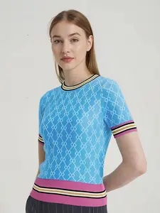 Women's Argyle Pattern Crew Neck Sweater, Casual Short Sleeve Round Neck Knit Top for Summer, Fashion Women's Knitwear for Daily Wear, Knitting Womenswear