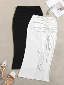 New Women's Elegant Soft High Waist Knitted Polyester Skirt, Solid Color, Micro Elastic, Spring, Summer and Autumn Long Skirt, Adjustable Drawstring Side Slit, Bottom
