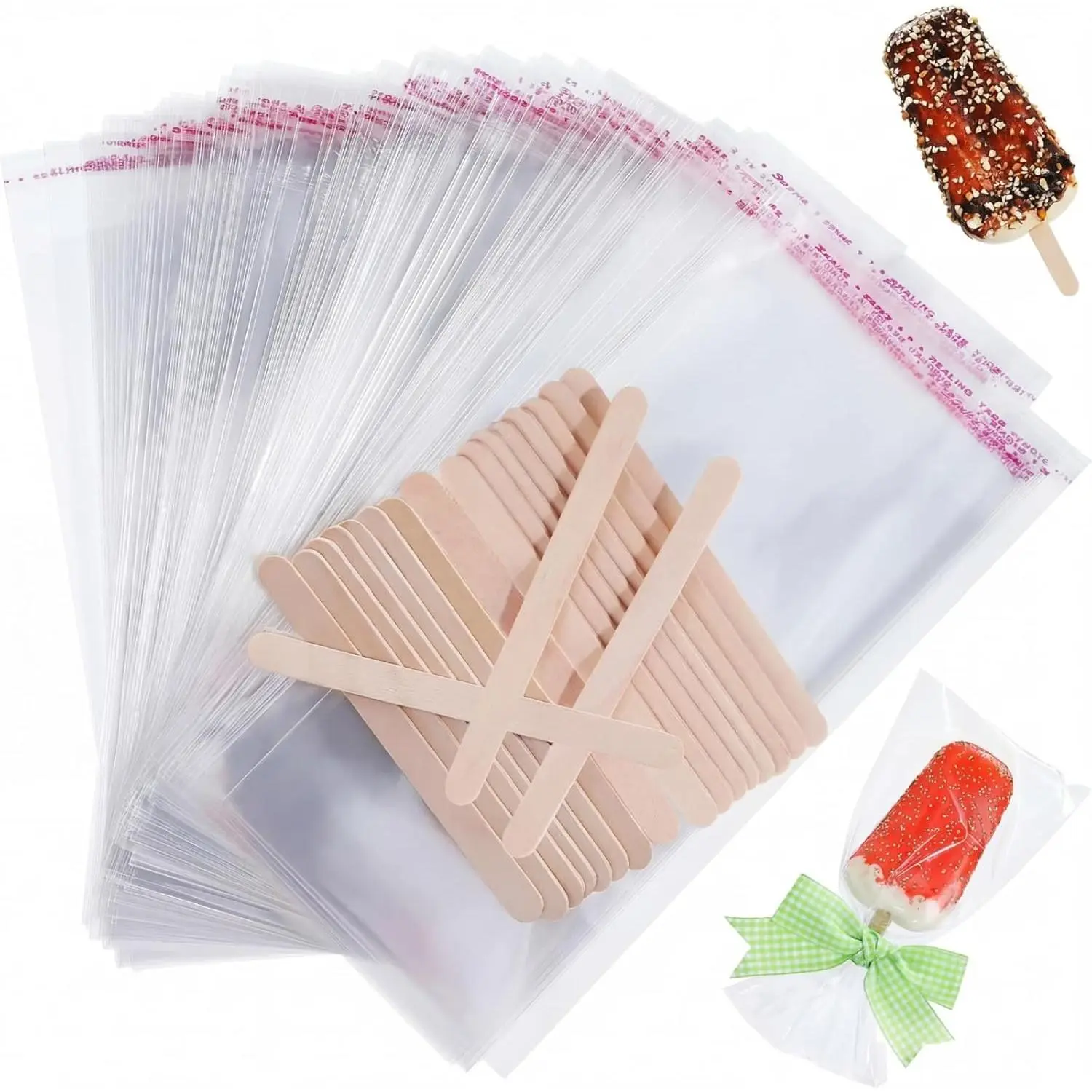 400 count Ice Cream Sticks and Bags Set Include 300 Self Adhesive Clear Ice Pop Plastic Bags and 100 Disposable Wooden Sticks Craft Stick for DIY Making , 4.49 Inch,8.27 x3.2inch