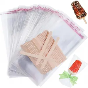 400 count Ice Cream Sticks and Bags Set Include 300 Self Adhesive Clear Ice Pop Plastic Bags and 100 Disposable Wooden Sticks Craft Stick for DIY Making , 4.49 Inch,8.27 x3.2inch