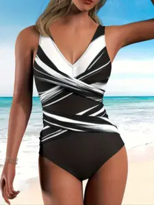 Women's Plus Size Fashion Elegant Striped Gradient Print Crossbody Bag Casual Slimming One-Piece Swimsuit Tummy Control Swimwear
