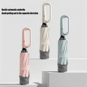 1pc ring buckle handle reverse opening and closing umbrella windproof and splach-proof, one-click parking, folding umbrella for sun protection