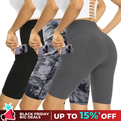 Showitty Damen Biker-Yoga-Shorts 3er Pack | Hohe Taille Mit Bauchkontrolle | Mit Taschen | Für Sport & Freizeit