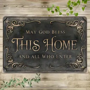 Tin Metal Sign Vintage "May God Bless This Home" - Rustic Christian Home Wall Decor, Religious Blessing Plaque, Distressed Finish, Housewarming Gift, Farmhouse Wall Art