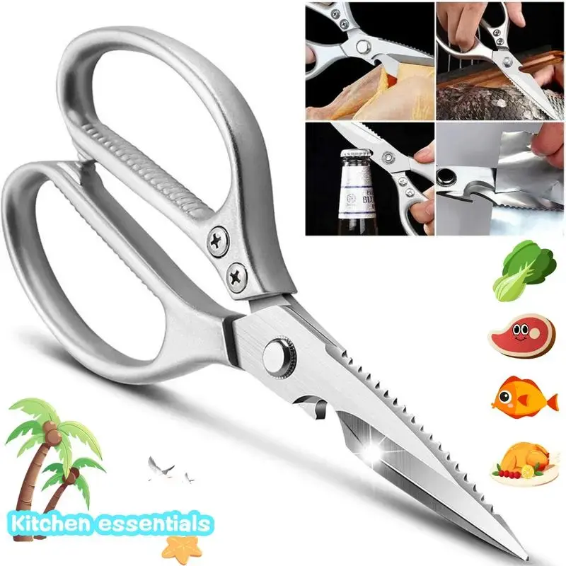 Japanese stainless steel kitchen scissors, professional kitchen stainless steel scissors, can easily cut poultry, chicken bones, meat, fish, herb shreds, and also has a bottle opener function.
