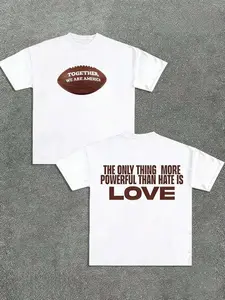 etro Americana Football Graphic Tee - 'Together We Are America' Front Print, 'The Only Thing More Powerful Than Hate Is LOVE' Back Slogan, Washed Cotton Oversized T-Shirt, Streetwear for Game Day & Casual Wea
