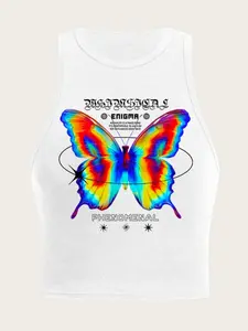 Women's Butterfly Print Round Neck Tank Top, Y2K Trendy Sleeveless Top for Daily Wear, Ladies Clothes for Summer, Socks