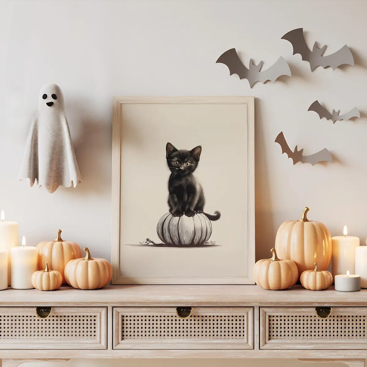 Unframed, Room Decor, Halloween Printable Art, Kids Halloween Art, Black Cat Art, Black Kitten Pumpkin Poster, Cottagecore Halloween Art, Minimal Halloween Art – 5 Sizes (8x12–27x40 inch)