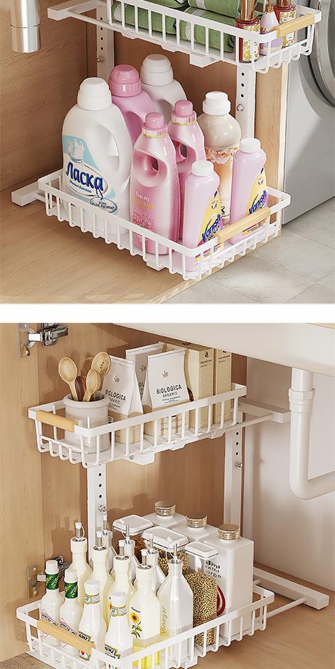 2 Pack Under Sink Organizer,Adjustable Height,2 Tier Pull Out Under Cabinet Organizer,Slide Out Thickened Metal Under Sink Storage for Kitchen Bathroom Laundry Cabinet Pantry,White,black Shelf Rack Racks