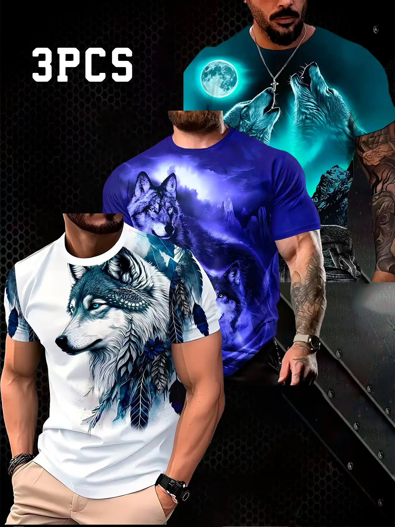 3-Pack Summer Men's Fashion Wolf King Print T-Shirts, Casual Streetwear Slim-Fit Short Sleeve Tees, Casual Stylish Tee, All-Over Print, Outdoor Wear, Casual Streetwear Looks, Apparel T Shirt