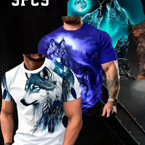 3-Pack Summer Men's Wolf King Print T-Shirts, Casual Streetwear Menswear Slim-Fit Short Sleeve Tees, All-Over Print, Outdoor Wear