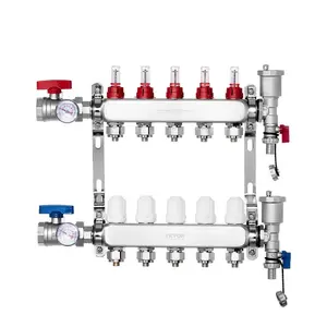 VEVOR 5-Branch Radiant Heat Manifold, 1/2 PEX Tubing Manifold, Stainless Steel PEX Manifold for Hydronic Radiant Floor Heating, Radiant Heat PEX Manifold Kit with 1/2 Adapters Included
