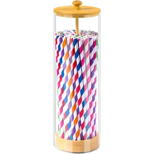 Acrylic Straw Holder For Counter With Bamboo Lid, Straw Dispenser Organizer For Home, Clear Plastic Drinking Straw Storage Container