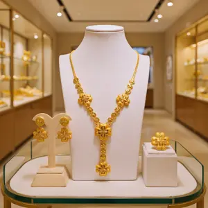 Dubai Style 3-Piece Gold Plated Flower Jewelry Set Earrings Necklace Ring for Women Bride Wedding Gift Trendy All-match Exquisite Jewelry for Birthday Valentine's Day