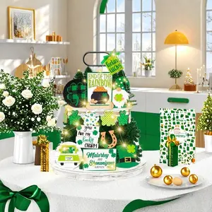 18 Piece St Patricks Day Tiered Tray Decor Set Wooden Shamrock Irish Theme Party Table Centerpiece For Living Room Home Bar Kitchen Decorations