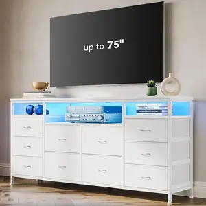 63.3 Inch Dresser for Bedroom, 10 Drawer Dresser Tv Stand for 65 70 75 Inch Tv, with Led Lights & Power Outlets,  Living Room (White PU)