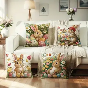 Easter Egg Bunny Flower Pillow Covers Set, 4pcs Single-Sided Print Decorative Pillows, 45x45cm, Hidden Zipper, Indoor Outdoor Decoration