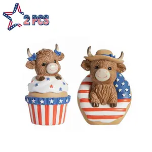 2-Pack Highland Cow Figurines, Resin Farm Animal Statues, Patriotic Home Decor, Cake Decoration, Collectible Gift for Farm Enthusiasts