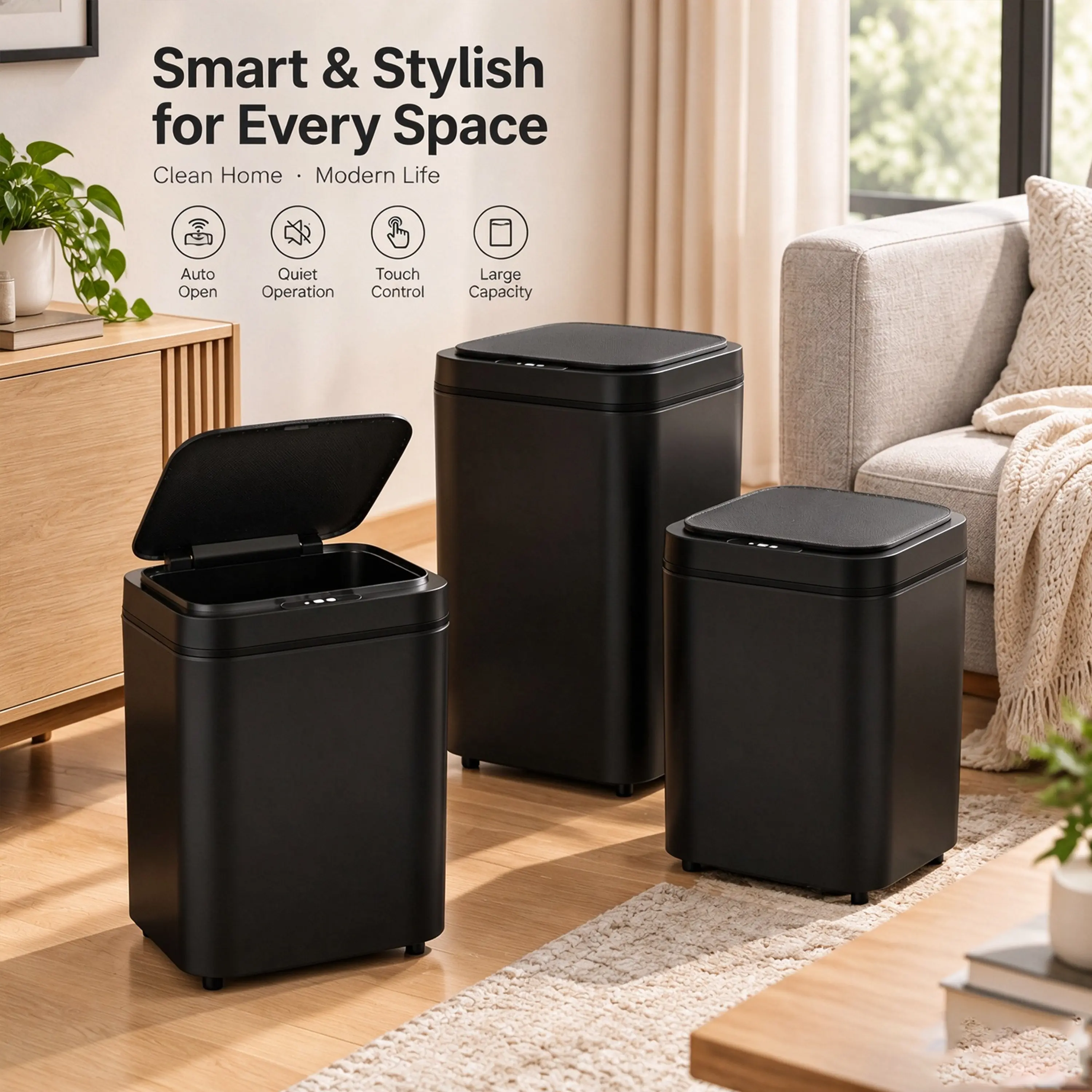 3-Pack Automatic Smart Sensor Trash Can - Waterproof, Plastic, Hands-Free Indoor Bin for Kitchen, Home Waste Management Supplies