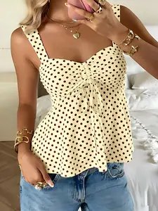 2026 Spring Summer New Women's Top, Polka Dot, Cute Casual Versatile Ruffle Drawstring Sleeveless Vest, Summer Clothing