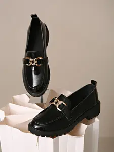 Women's Metal Buckle Loafers, Casual PU Leather Shoes, Butterfly Pattern, Below Ankle Height, Anti-Slip PVC Sole, All Seasons