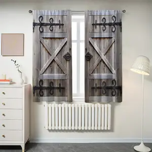 Vintage Country Style Wooden Digital Print Polyester Half Light Blocking Curtains, Home Decoration Curtain, 2 Pieces, Kitchen Bedroom Living Room Home Decor