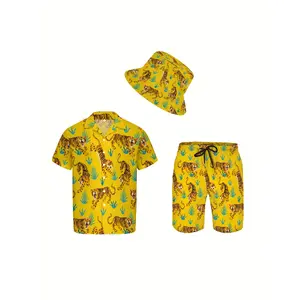 Men's 3-Piece Loose Hawaiian Clothes Suit - Yellow Angry Tiger Soft Breathable Short-Sleeve Button Shirt, Shorts & Bucket Hat - Casual Outfit for Sunny Beach, Birthday Occasions