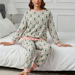 Product Review of Holiday Forest Print Loungewear Set Womens Tree Bow Pajama Set Long Sleeve Top Jogger Pants Soft Cozy Knit New Year Valentines Day All Season Sleepwear from K**e