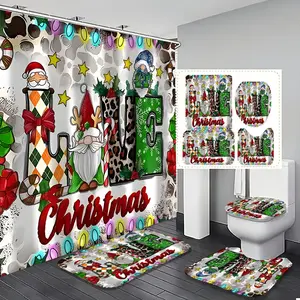 1/3/4pcs Christmas Gnomes Shower Curtain Set with 12 Hooks, Non-Slip Bath Mat, U-Shaped Rug Toilet Lid Cover, Festive Home Decor, Perfect for Holiday Gifts, Bathroom Decoration Accessories