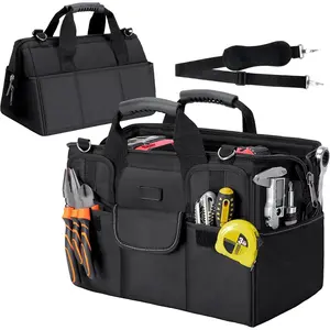 Heavy Duty Tool Bag with Multi-Pockets, Portable Tool Box Organizer Storage Bag, with Adjustable  Strap and  Handle (Black, 14" Standard Base)