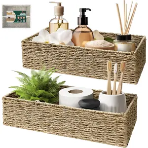 2-Pack Rectangular Seagrass Storage Baskets with Built-In Handles, Handwoven Wicker Baskets for Pantry, Shelf, Closet & Bathroom Organization, 16 x 6.75 x 4.25 in