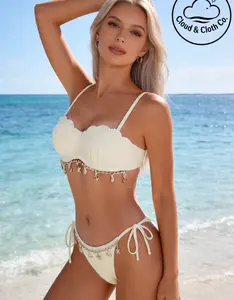 Cloud & Cloth Co. Women's Seashell Bikini Set Chic Bandeau Top & Tie-Side Bottoms With Shell Charms For Summer Beach Vacation Bikini Beige High Waist 1/2 Cup Push Up