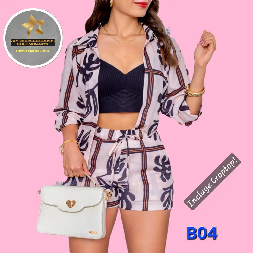 Colombian Fashion Set Long Sleeve Printed Design Blouse and Short for Women